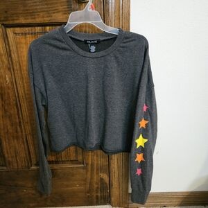 Gray Cropped Sweatshirt with One Colorful Star Sleeve
